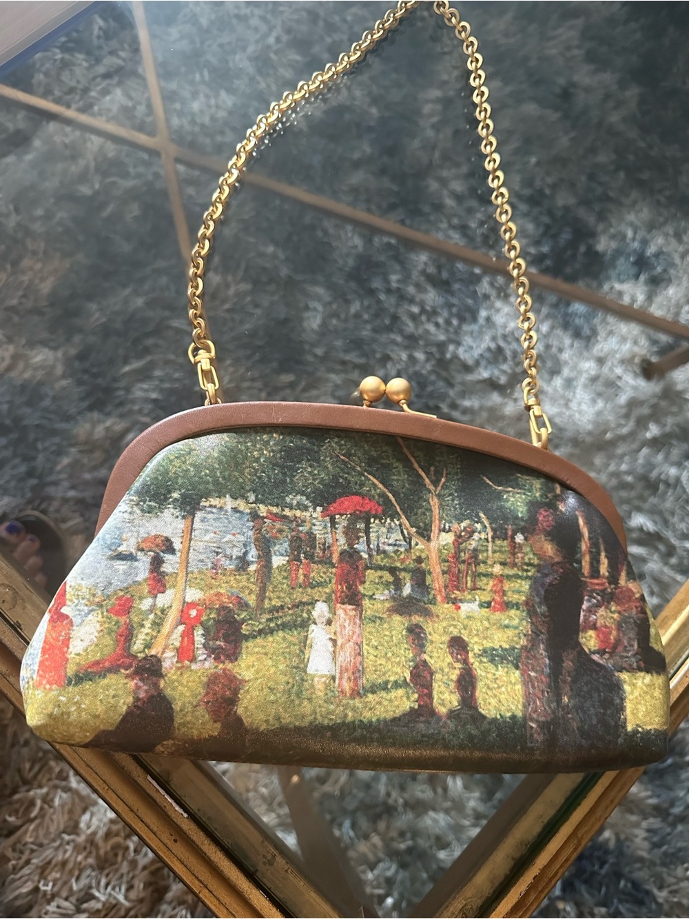 Artistic Park-Scene Wristlet Clutch in Brown with Gold Chain
